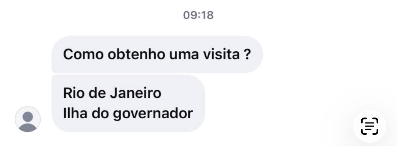 Mensagem do Rio de Janeiro perguntando como agendar visita
